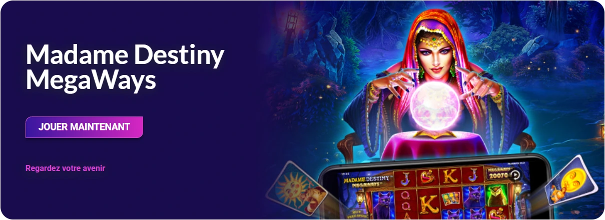Machine à sous Madame Destiny Megaways avec une voyante mystique et des symboles magiques sur Europe Fortune Casino