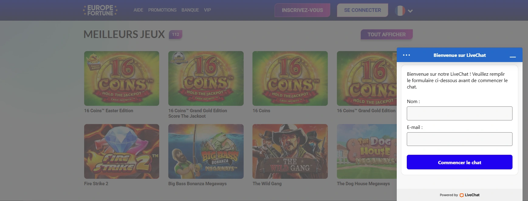 Assistance chat direct Europe Fortune Casino.